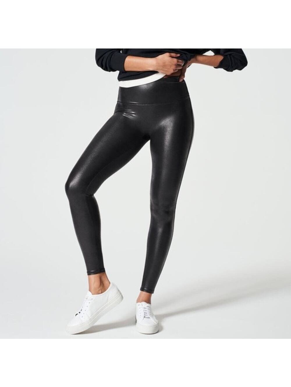 Spanx black faux leather high waisted athletic gym casual athleisure leggings